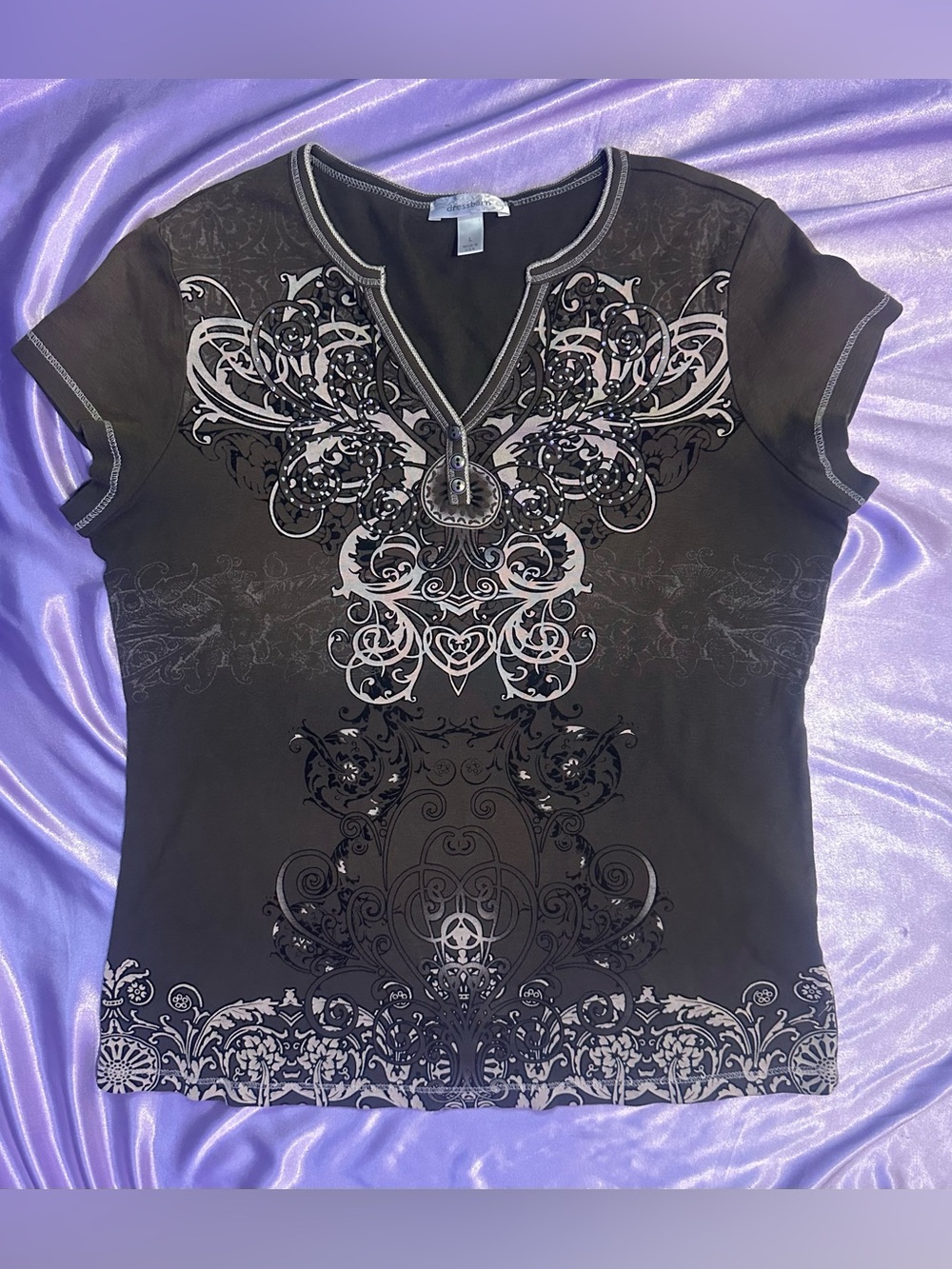 VTG Y2K Dressbarn Rhinestone Scrollwork Henley Top | Size L